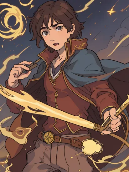 jim lee, 1boy, young harry potter, daniel radcliffe, wizard ,night, brown cape ,holding a wand, solo , fantasy, magic, upper body, cowboy shot, ((masterpiece)) 