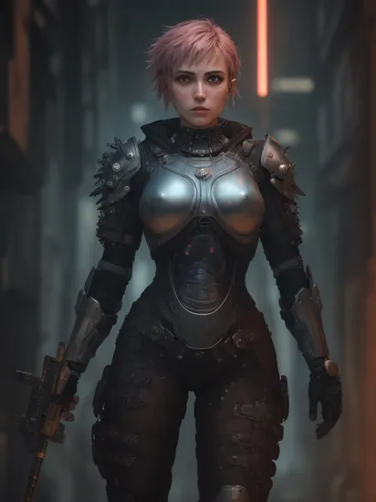 Joan of Arc, Jeanne d'Arc, (reimagined in a cyberpunk universe), (cyberpunk style), (cyberpunk), (cyberpunk outfit), (punk hair), (augmentation), cybernetics, glowing neon lights, cinematic scene, hero view, action pose, beautiful 8k, detailed background, masterpiece, best quality, high quality, absurdres, vivid., RAW candid cinema, 16mm, color graded portra 400 film, remarkable color, ultra realistic, textured skin, remarkable detailed pupils, realistic dull skin noise, visible skin detail, skin fuzz, dry skin, shot with cinematic camera,