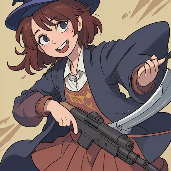 young Harry Potter, wearing witch hat, guns akimbo, looking at viewer, smile, holding, weapon, teeth, holding weapon, gun, leaning forward, parody, holding gun, handgun, dual wielding, wide-eyed, crazy eyes, crazy smile