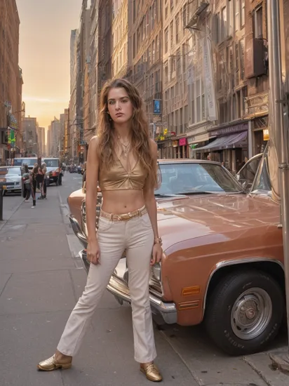 JoshuaChamberlain, (masterpiece, best quality, extremely detailed:1.2), modelshoot, pose, street photography, busy Manhattan street corner, serious look, 1970s disco clothing, August, heat, sweat, sunset, golden hour, pastel sky, dusk, facing viewer