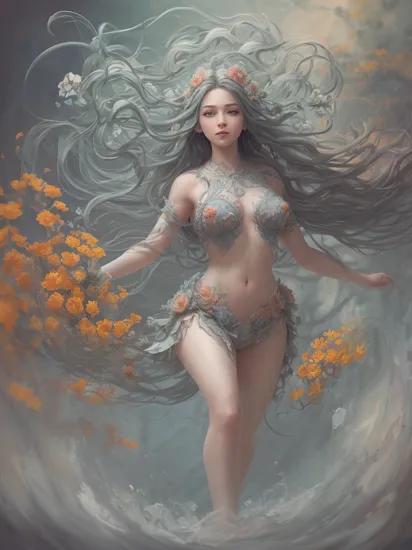 beautiful cute front full body, long hair in motion, herbs and blue pastel colors, flowers orange,dynamic lighting, digital art, floating medusa background, , ,painting, fan art,detailed, perfect anatomy,reflection light, realistic light,8k octane wallpaper,hardline,highly detailed,intricately detailed,digital painting, fan art,ultra detailed, best quality,masterpiece, (volumetric lighting, bright),novelai, aesthetic, masterpiece, macro photography vivid colors, photorealistic, cinematic, moody, rule of thirds, majestic,