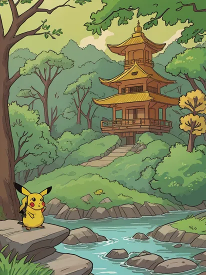 pikachu, forest background, near lake, tree, flower, rock, pagoda, , 