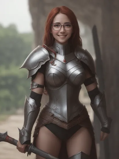 cinematic:1.5,from front,1 girl,nubile,showstopping,lovesome,
 , kratosGOW_soul3142,, cape, armor, holding axe, shoulder armor, pauldrons, breastplate,,
,very happy smile ,teeth,dildo,dildo sex,,glasses,
ultra high quality,(sharp focus),Fujifilm, 50mm lens, F/2.8, HDR, 8k resolution, cinematic film still,reflection,