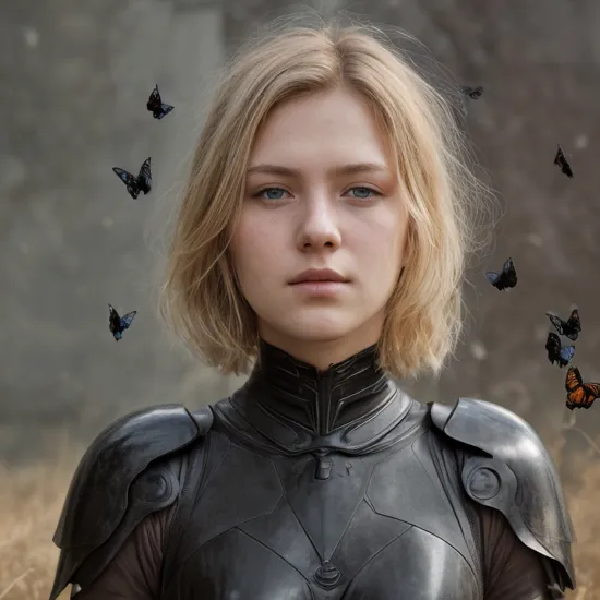 digital art, equality, , (sunlight on face), filmgrain, wearing heavy black iron armor, wide opened eyes, hdr, (flying translucent black butterflies:1.15), a photo that tells a (conceptual:1.4) story, natural blonde hair, 