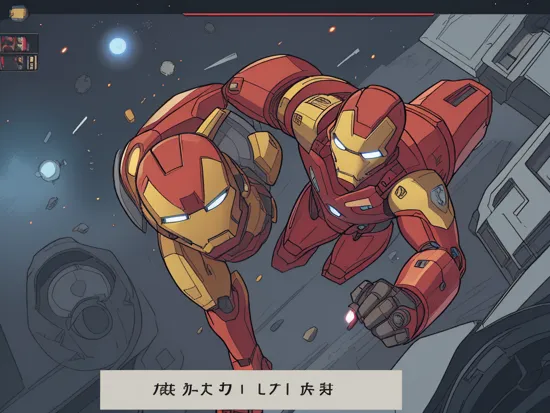 "0599",high quality,A strategic space combat scene in a mecha game interface, showcasing the iconic Iron Man in place of the traditional mecha. Tony Stark's confident and intelligent visage replaces the pilot's portrait, The Iron Man suit, detailed and glowing in the game's HUD, is poised for action, with high HP and energy levels emphasizing its power the tranquil expansion of space contrasts with the imminent high-tech warfare, 