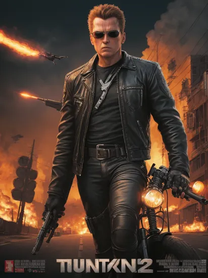nvinkpunk, 8k, masterpiece, best quality, ultra-detailed, a movie poster for terminator 2, starring a man on a motorcycle with a gun in his hand, by Quentin Tarantino