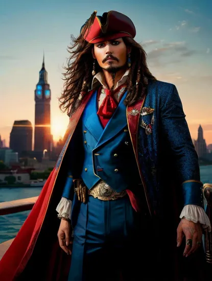 Johnny Depp, Superman @JohnnyDepp, his royal blue suit adorned with the iconic 'S' emblem, embodies hope and heroism. His red cape billows against the Metropolis skyline, while his eyes, as blue as the suit, show his unbreakable will. His dark hair, with the classic curl, adds to his distinguished alien nobility.