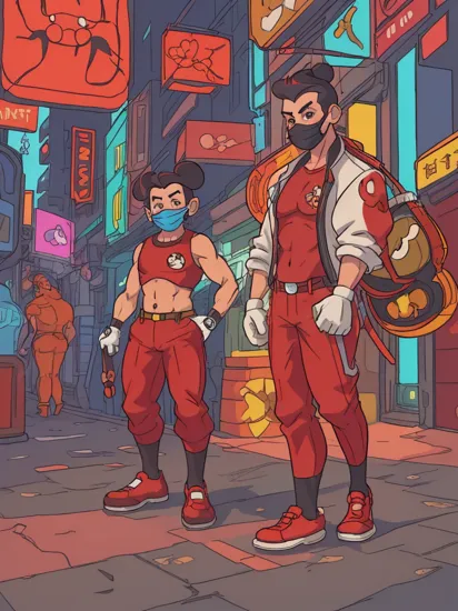 muscular men,  in mickey mouse custome ((big mickey mouse mask)), red shoes,  cyberpunk style, full body, cyberpunk street, a lot of neon lights, many weapons on hand
   