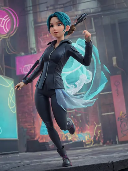 hologram of Katniss Everdeen from The Hunger Games, (reimagined in a cyberpunk universe), (cyberpunk style), (cyberpunk), cyberpunk outfit, punk hair, (augmentation), (cybernetics), glowing neon lights, cinematic scene, hero view, action pose, beautiful 8k, detailed background, masterpiece, best quality, high quality, absurdres, vivid. floating in space, a vibrant digital illustration, dribbble, quantum wavetracing, black background, behance hd,