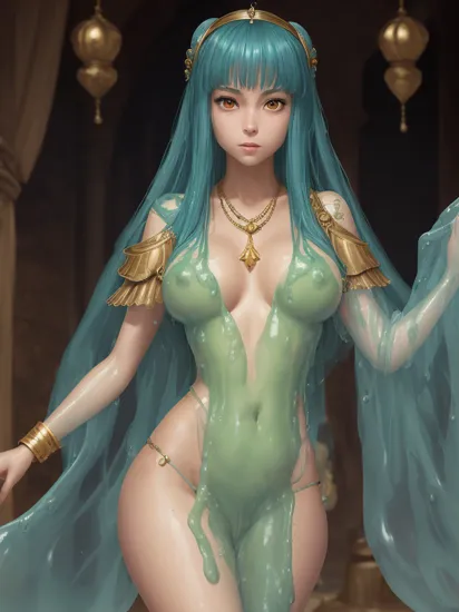 The Portrait of Cleopatra, Anime Fantasy Illustration by Tomoyuki Yamasaki, Kyoto Studio, Madhouse, Ufotable, trending on artstation, gold jewelry, necklace, gems, perfect face, detailed face, perfect eyes,
slime over legs arms and torso, swim suit is part of skin, blue skin, scales, blue, slime swim suit, slime, covered in slime, slime hair, hair made of slime, body, covered in slime, translucent slime sash over shoulders, slime dripping from body, camel toe, camel toe pussy, spreading, dynamic poses
