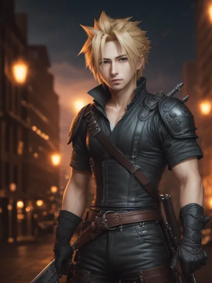 Cloud Strife, portrait, at city at night (8k, RAW photo, best quality, masterpiece:1.2),ultra-detailed, (high detailed skin:1.2), 8k uhd, dslr, soft lighting, high quality, 
 