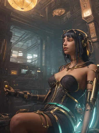 Tranquil Relaxing Atmosphere,  Cleopatra, reimaged in a cyberpunk universe, cyberpunk style, augmentation, cinematic scene, hero view, action pose, beautiful 8k, masterpiece, best quality, high quality, absurdres  , calming style, soothing colors, peaceful, idealic, Tranquil Relaxing Atmosphere