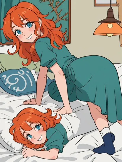 merida_v1, long orange hair, curly hair, blue eyes, green dress, socks, looking back at viewer, seductive smile, teeth, blush, on all fours, from_behind, inside a cozy bedroom, on bed, pillow, lamp, high quality, masterpiece,  