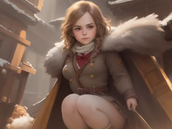 highly detailed portrait shot of pitfighter
((hermione granger, young emma watson, [mila kunis])), stocky, pear_shaped_body, (thicc butt:1.0), (belly fat:1), ((small:1.6) breasts:1), large eyes, (freckles:0.8), ((brown eyes)), smug smile,
winter village, heavy winter clothes, boots,
cinematic angle,
modelshoot style, (extremely detailed CG unity 8k wallpaper), photo of the most beautiful artwork in the world, professional majestic oil painting by Ed Blinkey, Atey Ghailan, Studio Ghibli, by Jeremy Mann, Greg Manchess, Antonio Moro, trending on ArtStation, trending on CGSociety, Intricate, High Detail, Sharp focus, dramatic, photorealistic painting art by midjourney and greg rutkowski,