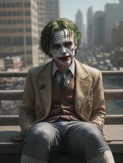 The Joker showing off his legs in the bronx, laying down (legshow:1.4) with knee high socks,  , high detail, sharp focus, photorealistic, moody, hyperdetailed, 8k, frostbite 3 engine, cryengine, dof, trending on artstation, digital art,( front facing:1.1), city in the background, psycho, psychopath, (bright and sunny)