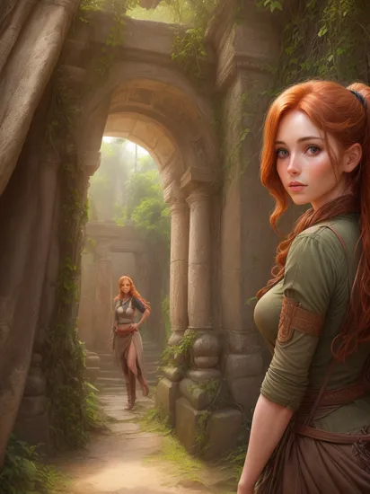 1/2 portrait of a female explorer in an ancient temple on the in the jungle, indiana jones, (beautiful face:1.4),( looking at viewer:1.4), long auburn hair in a ponytail, hazel eyes, vines in the foreground, leaves in the foreground, (stunning features:1.3), ancient ruins, masterful composition, eye contact, RAW
