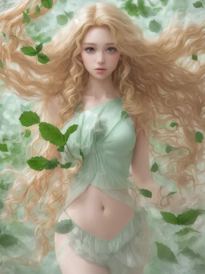 (dynamic pose:1.2),(dynamic camera),cute mythological skinny slim young goddess,(long blonde curly hair:1.3),(look to camera),(posing for photoshoot:1.2), godrays,(wind floating (mint leaves) on abstract volumetric background:1.3), in the style of intimacy, dreamscape portraiture,  solarization, shiny kitsch pop art, solarization effect, reflections and mirroring, photobash, (composition centering, conceptual photography), , (natural colors, correct white balance, color correction, dehaze,clarity)