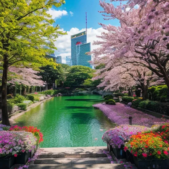 Pixel art tokyo. 3d pixel art 4k wallpaper. incredible pixel art details. flowers. pixel art. lots of flowers in foreground