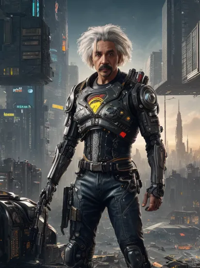 medium shot, cyborg albert einstein, cyberpunk 2077 style, destroyed city, through a big hole in his head we can see inside his mechanical head, there are computer chips and metal parts, text saying "E = mc²", dystopic, dark, disturbing, realistic photo