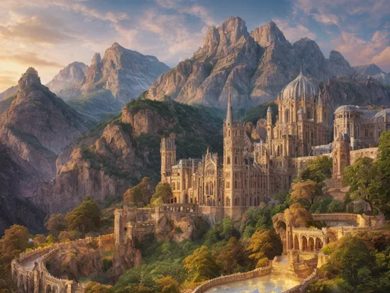 a photography of perfect landscape with palace made with crystal and rare precious stones and golden streets with , epic scenery, silver river around, detailed gothic architecture  intricate detail, masterpiece, ultrarealistic, fantasy art, cocnept art,  photorealistic digital paiting, ultradetialed, perfect quality, best quality, dramatic lights,
