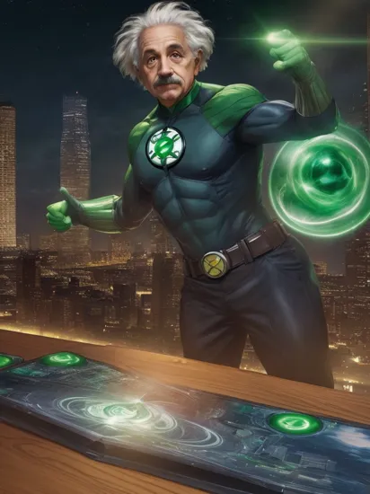 Albert Einstein as Green Lantern , superhero, hyper detailed,  colorful,Hands on a table, leaning forward attentively, Dynamic angle,Detailed Houston Texas background, 