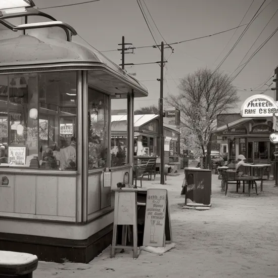 landscape photography of a 1920's diner in a small town in the midwest on christmas  AnalogFilm768-BW-vintage