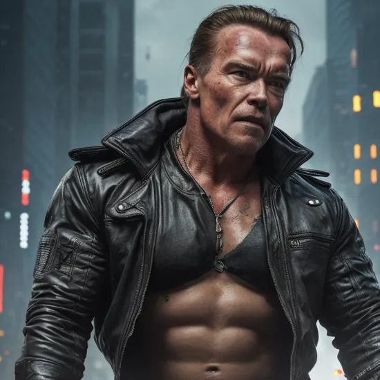 Cyberpunk Terminator, Arnold Schwarzenegger, In a gritty and dystopian cyberpunk world, a portrait photo captures the visage of a formidable and menacing figure: a Cyberpunk Terminator, Arnold Schwarzenegger, an unstoppable machine brimming with technological prowess and an aura of unrelenting power  powerarm, glowing, mechanical arms  