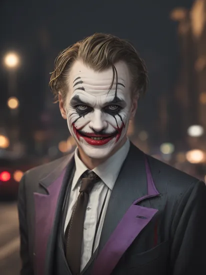 mid shot portrait photo of a real life version of arkham joker  on the street, christopher nolan cinematic LUT