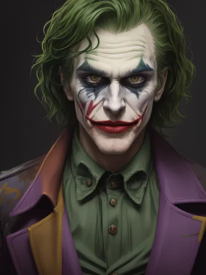 Cowboy Shot,((glossy eyes)),(masterpiece, best quality:1.4)best quality, high detail, (detailed face), detailed eyes, (beautiful, aesthetic, perfect, delicate, intricate:1.0),  joker painting of a man with green hair and a yellow jacket, digital art by Nicholas Marsicano, reddit, digital art, portrait of joker, portrait of the joker, portrait of a joker, the joker, joker, from joker (2019), #1 digital painting of all time, # 1 digital painting of all time, film still of the joker,,,,