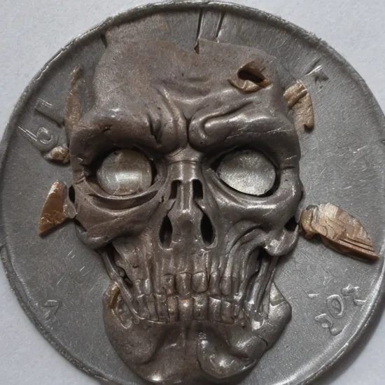 Terminator face close up with a quarter blown off
