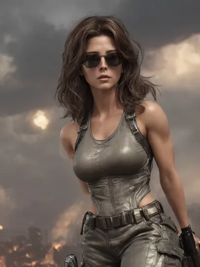 A stunning digital painting of (Ashley Greene:1.4),masterpiece, best quality, high detailed, (As Sarah Connor from The Terminator series, wearing a black tank top, cargo pants, and combat boots, showcasing her muscular physique and determination as a fierce warrior. She stands in a post-apocalyptic setting, armed with a shotgun, her steely gaze focused on the looming threat of the machines.:1.5),(in the style of Hajime Sorayama:1.3),(A pair of bold, retro-inspired sunglasses that shield her eyes from the sun while simultaneously adding a touch of glamour to her overall look.:1.6),extremely long wavy messy hair,epic fantasy character art, concept art, fantasy art, a character portrait, fantasy art, vibrant high contrast,trending on ArtStation, dramatic lighting, ambient occlusion, volumetric lighting, emotional, Deviant-art, hyper detailed illustration, 8k, gorgeous lighting, ,vamptech ,rifle, android,
