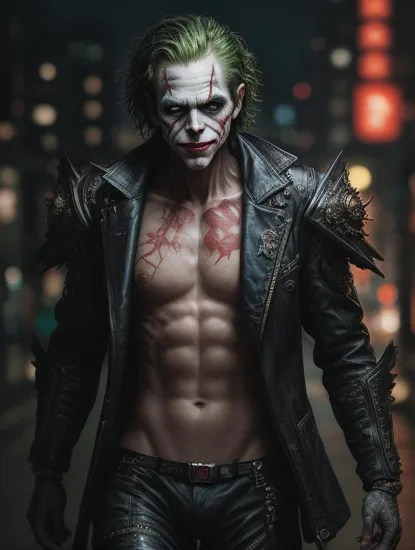 In the cyberpunk world, a transformed joker, with cybernetic enhancements, full body, perfect composition, hyperrealistic, super detailed, 8k, high quality, trending art, trending on artstation, sharp focus, studio photo, intricate details, highly detailed,
