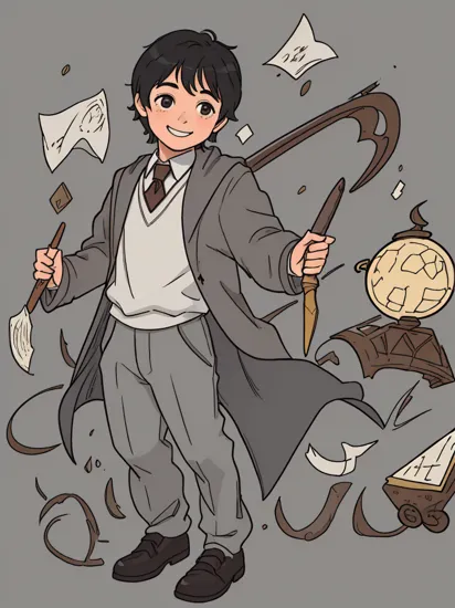  
young 11yo boy Harry Potter, black hair, smiling, 
white shirt under a grey pullover, brown tie, Hogwarts Harry Potter costume, grey pants, black shoes, 
in Harry Potter castle, 
magic, magic wand, magic spell,