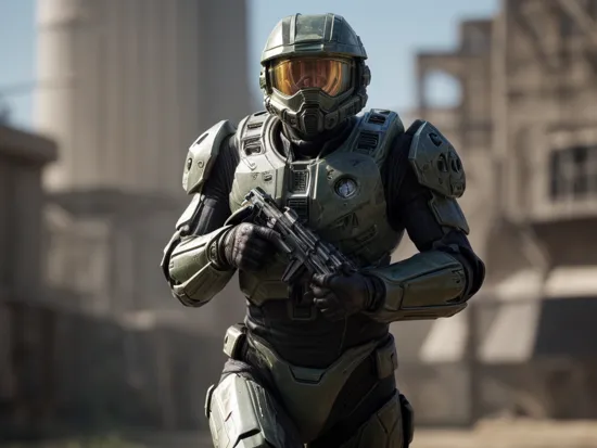 best quality, 1boy, cowboy shot of Master Chief running through military base, dynamic pose, muscular, masterpiece, motion blur, film grain, (lens distortion:0.7), (chromatic aberration:0.7), intricate, unreal engine 5, volumetric lighting, realistic, realistic lighting, cinematic, 8k, cinematic lighting, (depth of field:0.7), masterpiece, perfect, hyper-detailed, photorealistic, ultra realistic, realistic light, hard lighting, intricate details, stop motion, hyperfocus, tonemapping, sharp focus, hyper detailed, trending on Artstation 