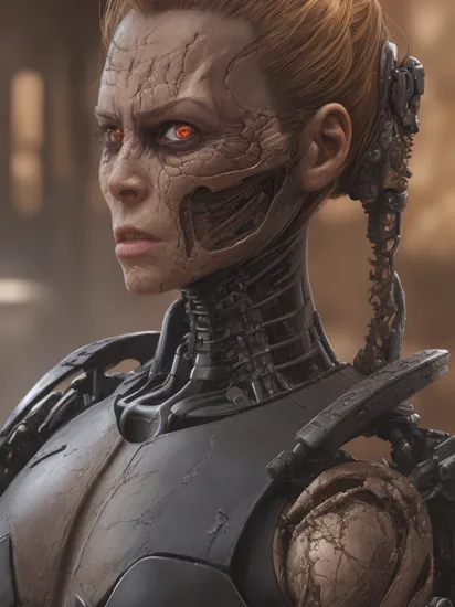 evil terminator woman with damaged skin, hyper realistic, highly defined, highly detailed
