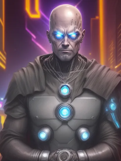 cybernetic eye, terminator, cyberpunk version, tron legacy, glowing Thanos armor, full figure portrait of bald Thanos in purple skin in action pose, utility belt, cyborg, robotic arms, armord, thanos armour, blade runner, action pose, wearing infinity gauntlet, cyberpunk city, dramatic lighting, necklace, jewelry, cape, magic circle, masterpiece, mechanical parts, cybernetic eye, ultra detailed, depth of field, neon lights, intricate, detailed skin, chrome, johnny silverhand arms, magic, powers, hero pose, realistic, 8k, uhd, best quality, mechanical parts, 5 fingers, vibrant colors, iron man glowing chest, cyberpunk universe on saturn moon