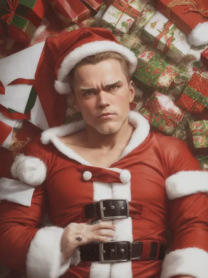 Perfectly-centered portrait-photograph of man terminator in a (santa suit:1.3) with packages, in the style of subversive art, playful, youthful images, poolcore, rtx on, candid moments captured, snow scenes, cut/ripped ,
