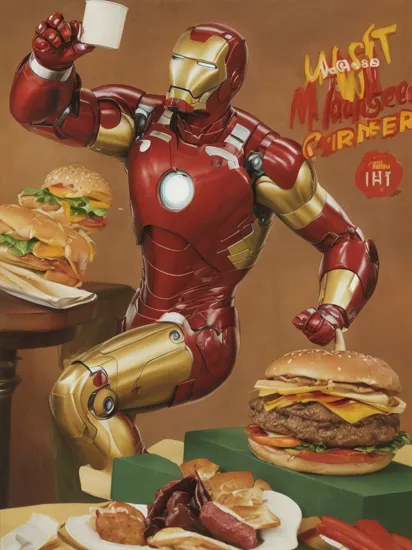 (masterpiece, best quality:1.3), An iron man is eating a hamburger, vintage ad style, ,