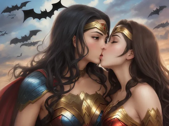 Anime art. Wonder woman kissing Batman