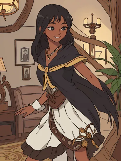 ((best quality)), ((highly detailed)), masterpiece, absurdres, detailed face, beautiful face, (detailed eyes, deep eyes), (1girl), full body, , pocahontas, black hair, long hair, black eyes, (dark skin), medium breasts, smiling, dress, necklace, nature, (indoors, in a living room)