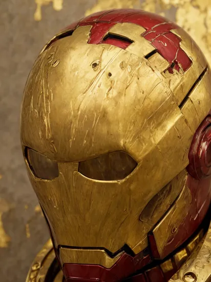 iron man helmet made of gold, (melts apart:1.1), (golden drips flow down from helmet), (melting gold:1.2), plain background, ((masterpiece, best quality))