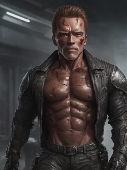 The Terminator, played by Arnold Schwarzenegger, half-body, is a futuristic cyberpunk manga style art with a threatening overall appearance, wearing unique high-tech metal style armor, short hair, blood stains on the face, highly detailed, 8k resolution, and focused
