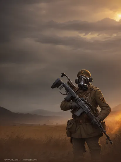 a photography of kriegmarine with rifle, dkok, gas mask, aiming  from ground position landscape, epic scenery,   city of gold , masterpiece, ultrarealistic, realistic, photorealistic, ultradetialed, perfect quality, best quality, dramatic lights,