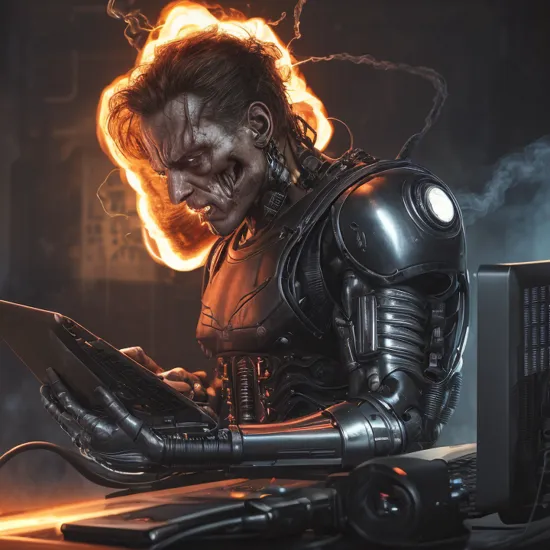 The terminator sitting at a computer, (scratching head:1.2), confused, (sparks flying), (smoke rising from ears:1.2), cyborg, cyberpunk, dark, scary, horror, hyperdetailed, 8k, (SDXL interface on the computer screen:1.2), trending on artstation