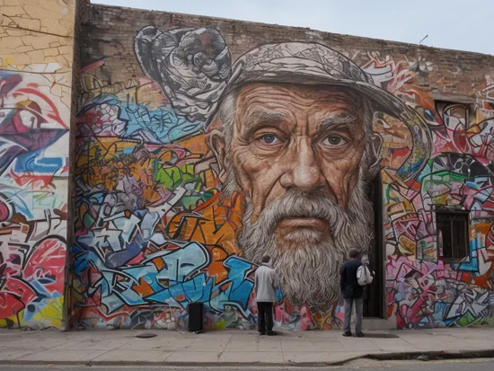 Street photography photo of a graffiti mural, an old man is looking at it, outside, outdoors, side of a building, large, huge, ornate, outdoor lighting, best quality, (8k, ultra-detailed)  