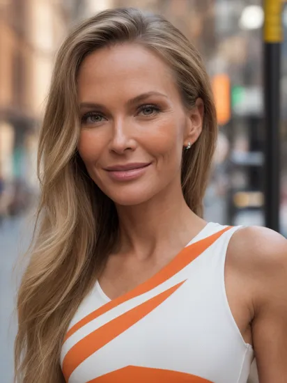 (ElleMacpherson:0.9), modelshoot, pose, portrait, (Manhattan street corner, street fashion, street photography), (orange and white striped jumpsuit:1.2), (closeup on upper body), smile:1.5, bold colors, sunset, pastel sky, July, hot, humid, sweat, high heels, ((masterpiece, best quality, extremely detailed, perfect body, perfect face:1.2)), , (pores, skin imperfections, realistic skin, vellus hair)