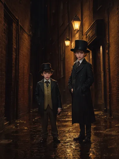 kid sherlock holmes standing in a london alley at night, hat, looking up, heavy rain, puddles,
 