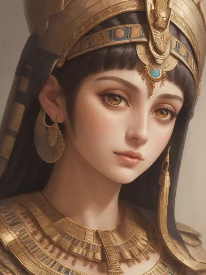 Hyperdetailed watercolor painting Closeup photo portrait of (young woman Cleopatra as the ancient egyptian queen), epic character composition, frontal view, atmospheric scene, masterpiece, best quality, (detailed beautiful face, detail skin texture, ultra-detailed body:1.1), diffused lighting