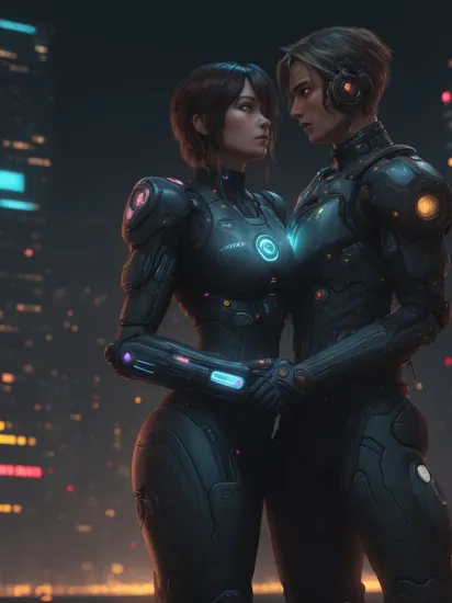 Two people, Cortana and Master Chief romantically engaging each other, 
cyberpunk cityscape in the background, cyberpunk surroundings, futuristic cyberpunk art style, multicolor neon lights, night time, water reflections, dark atmosphere,
cinematic action shot, raw photo, HDR colors,
masterpiece, best quality, high quality, intricate, ultra detailed, 16k, highres, absurdres   , detailed skin texture, (blush:0.5), (goosebumps:0.5), subsurface scattering