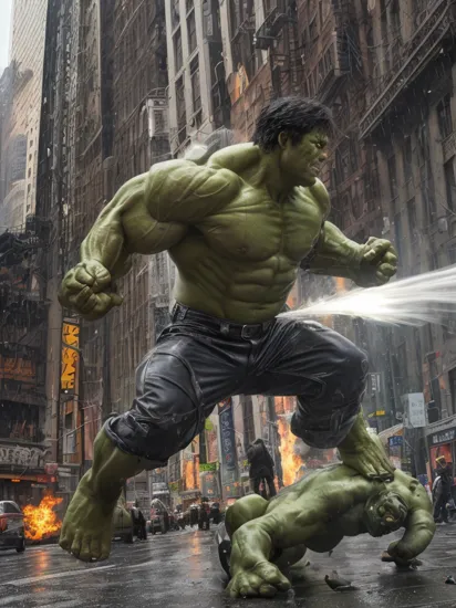 Action Films the hulk chrome skin,in new york city, polished metal, cable, raining, explosion, smoke, fire, black hair, broken demin pant,,, Action Films, often for intense sequences, heroic characters, or adrenaline-fueled excitement.